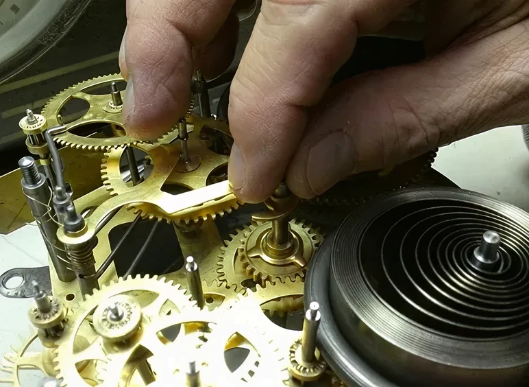 Hand adjusting intricate clock gears